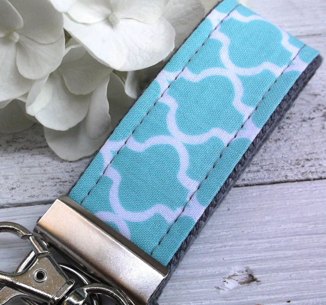 Mini Keyfob FOB Keychain for Women Ideal as a Purse Keychain or Backpack Keychain, Ideal Small Bridesmaid Gift, Aqua Trellis