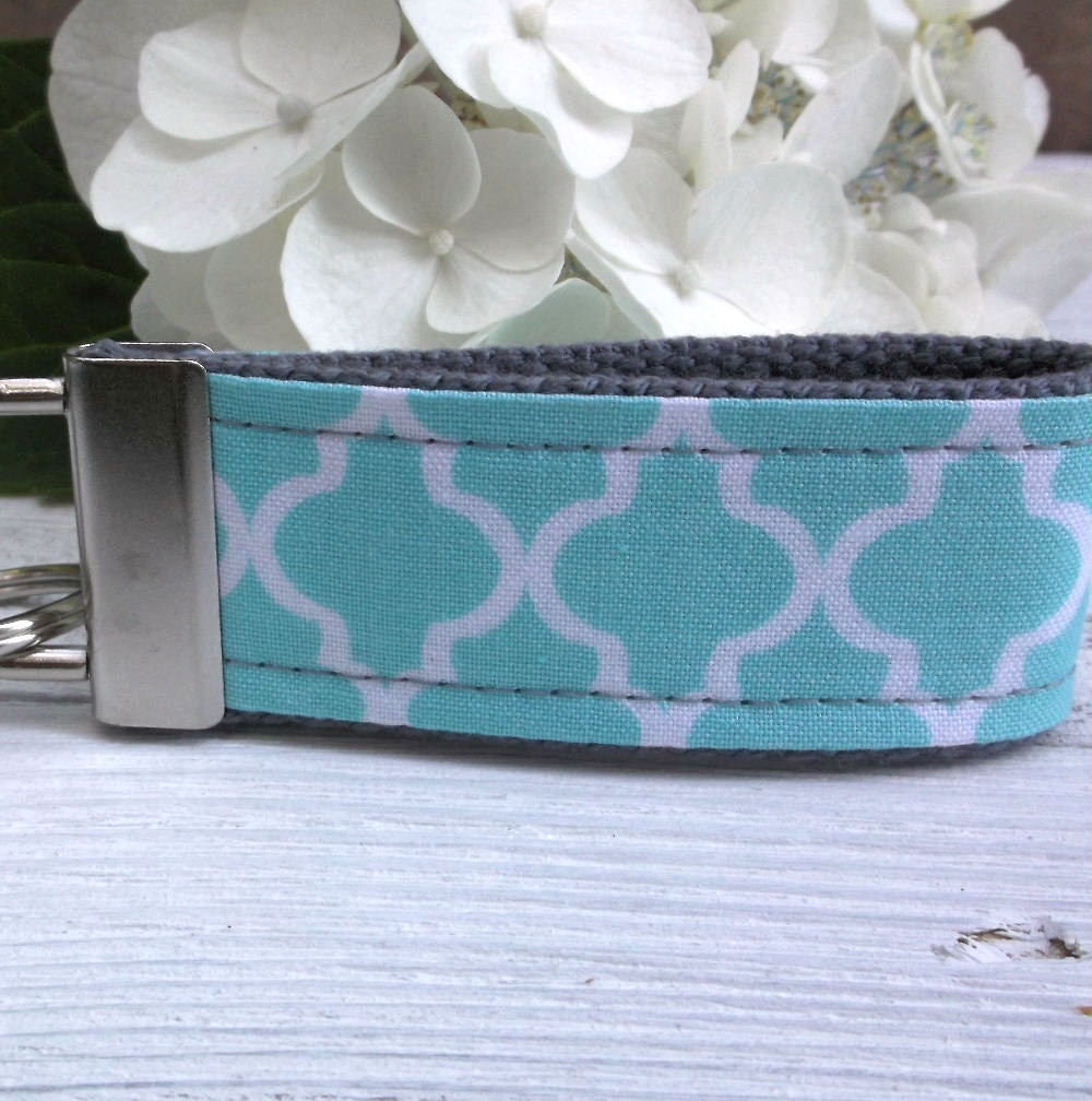 Mini Keyfob FOB Keychain for Women Ideal as a Purse Keychain or Backpack Keychain, Ideal Small Bridesmaid Gift, Aqua Trellis