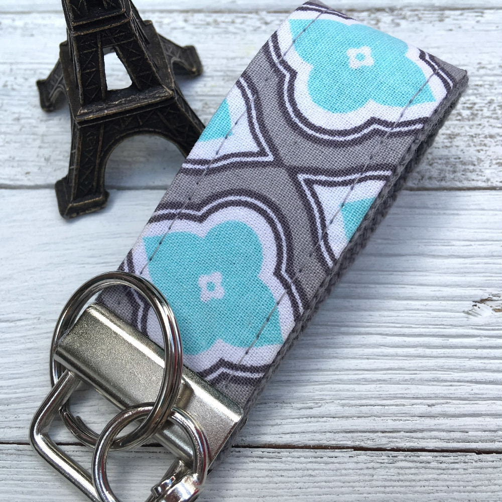 Mini Keyfob FOB Keychain for Women Ideal as a Purse Keychain or Backpack Keychain, Ideal Small Bridesmaid Gift Aqua and Gray