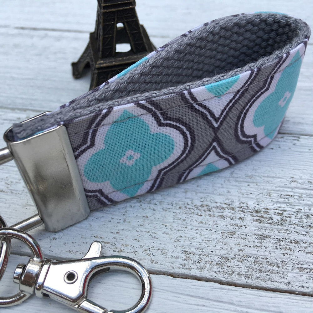 Mini Keyfob FOB Keychain for Women Ideal as a Purse Keychain or Backpack Keychain, Ideal Small Bridesmaid Gift Aqua and Gray