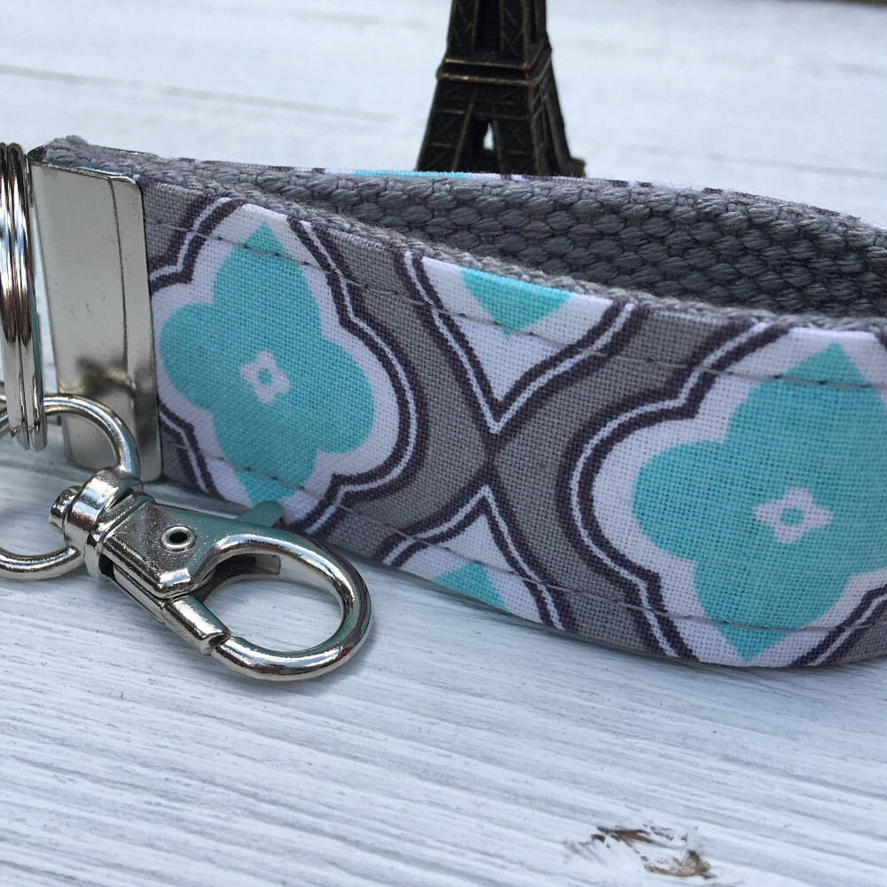 Mini Keyfob FOB Keychain for Women Ideal as a Purse Keychain or Backpack Keychain, Ideal Small Bridesmaid Gift Aqua and Gray