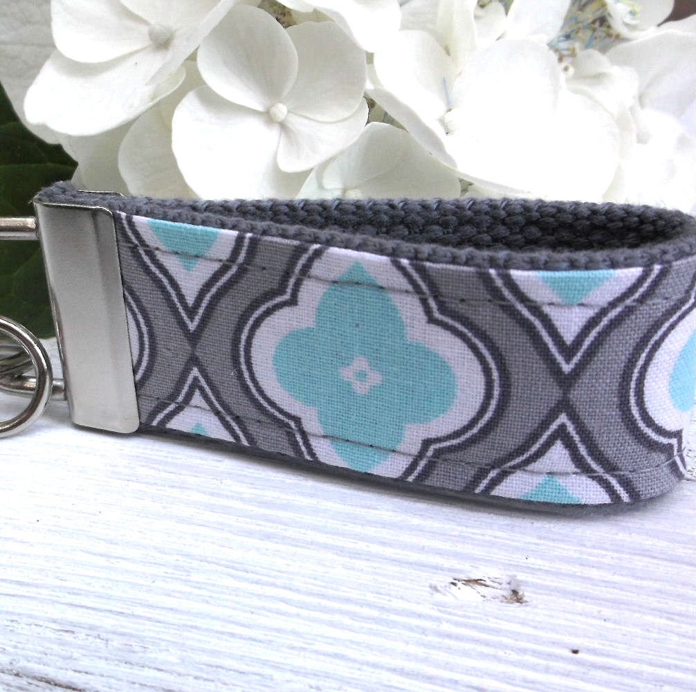 Mini Keyfob FOB Keychain for Women Ideal as a Purse Keychain or Backpack Keychain, Ideal Small Bridesmaid Gift Aqua and Gray