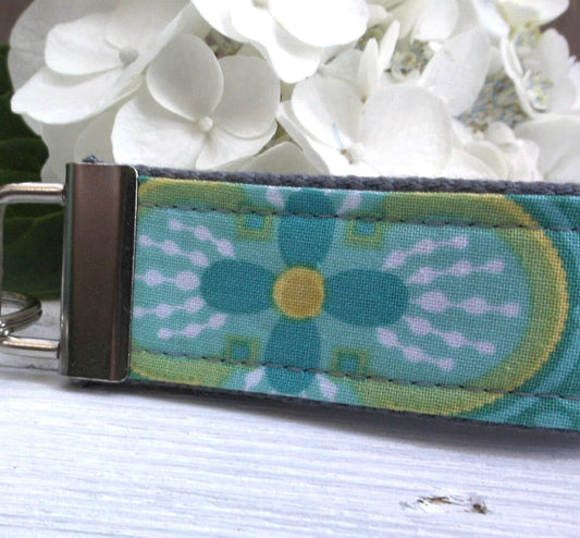 Mini Keyfob FOB Keychain for Women Ideal as a Purse Keychain or Backpack Keychain, Ideal Small Bridesmaid Gift, Aqua Floral