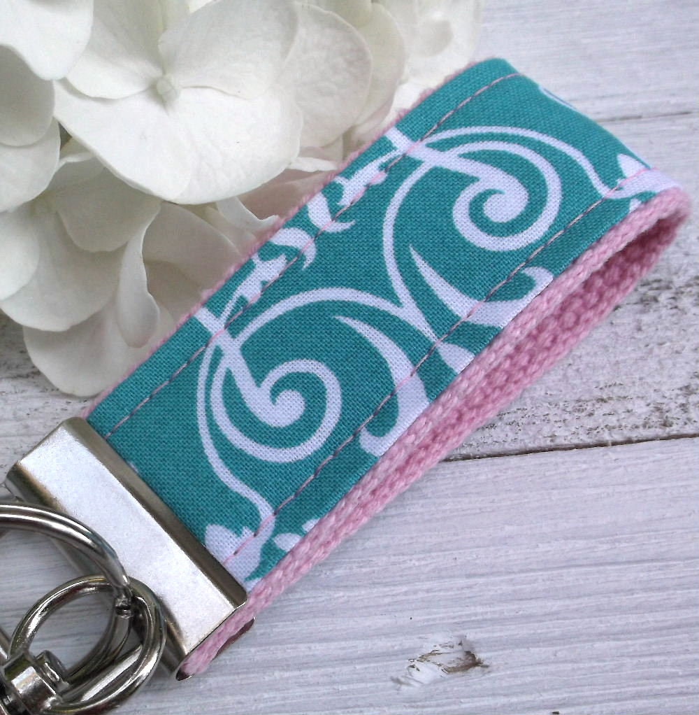 Mini Keyfob FOB Keychain for Women Ideal as a Purse Keychain or Backpack Keychain, Ideal Small Bridesmaid Gift, Teal floral