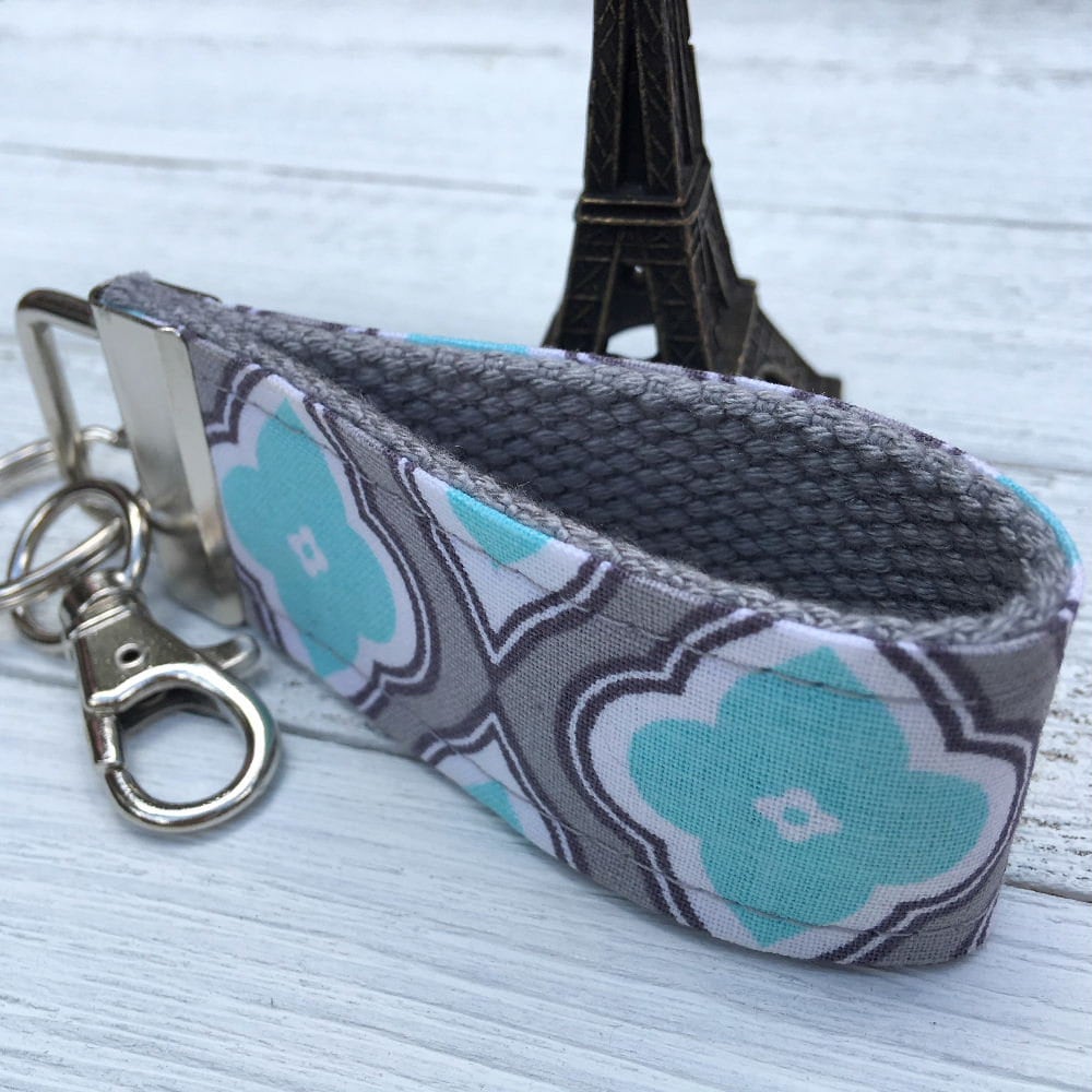Mini Keyfob FOB Keychain for Women Ideal as a Purse Keychain or Backpack Keychain, Ideal Small Bridesmaid Gift Aqua and Gray