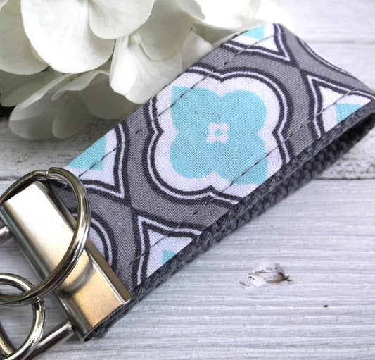 Mini Keyfob FOB Keychain for Women Ideal as a Purse Keychain or Backpack Keychain, Ideal Small Bridesmaid Gift Aqua and Gray