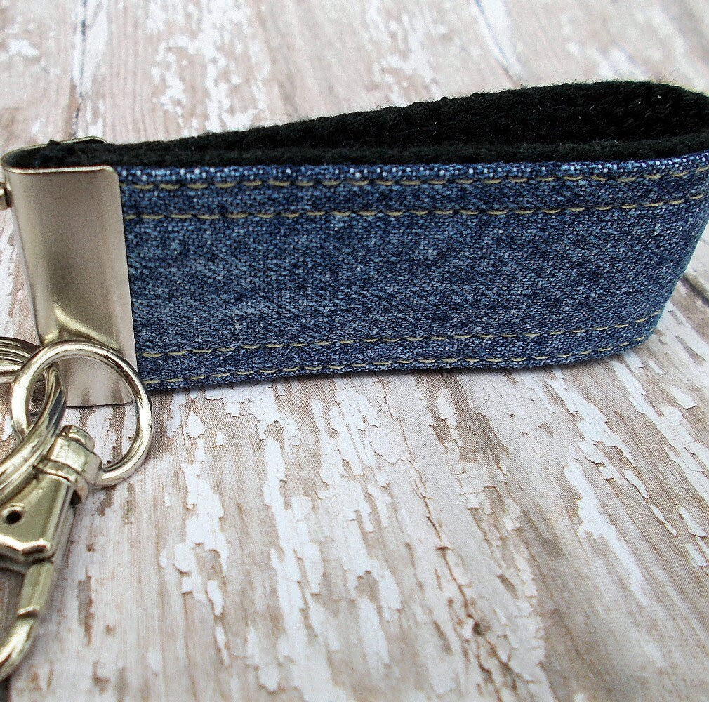 Upcycled Denim Mini Key FOB Keychain for Him - Mini Keychain for Boyfriend, Husband, Father Ideal as Belt Loop Keychain