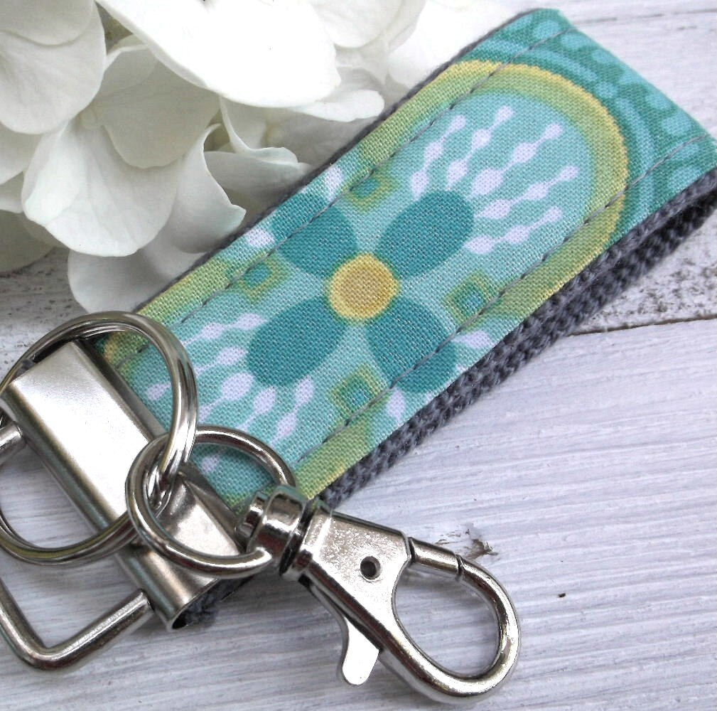 Mini Keyfob FOB Keychain for Women Ideal as a Purse Keychain or Backpack Keychain, Ideal Small Bridesmaid Gift, Aqua Floral