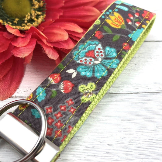 Turquoise Floral Fabric Gray Keychain Key Fob