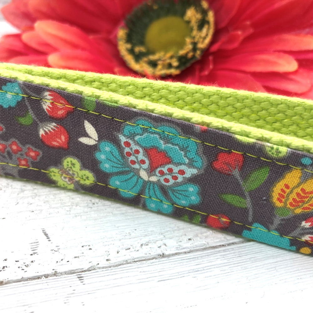 Turquoise Floral Fabric Gray Keychain Key Fob