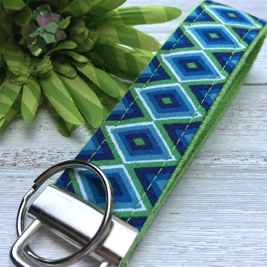 Blue and Lime Fabric Key Fob Wristlet