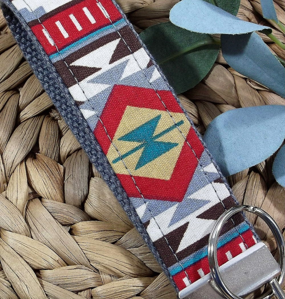 Southwestern Wristlet Keychain, Tribal fabric design Key fob, Handmade Key Chain Gift for Mom, Cute Keychain Bracelet