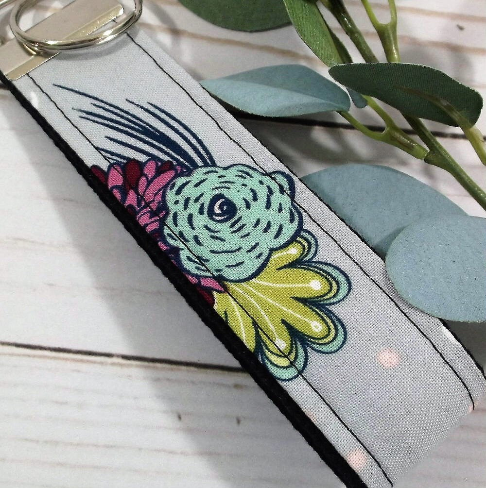 Boho Keychain Grey and Turquoise Gray Key Fob