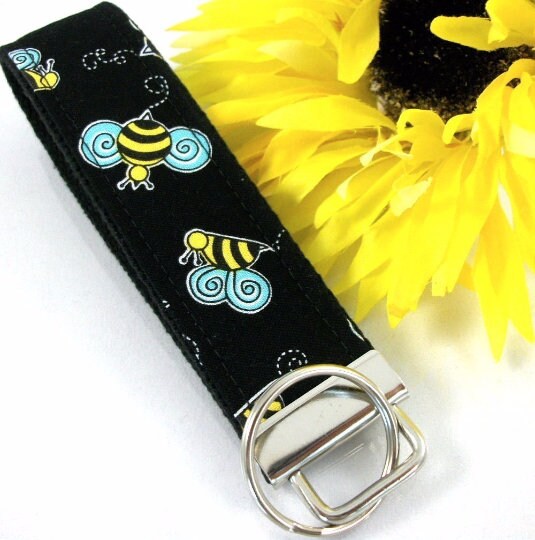 Handmade Wristlet Keychain in Bumble Bee Fabric, College Graduation Gift for her, I Miss You Gift, Mom Gift from Son