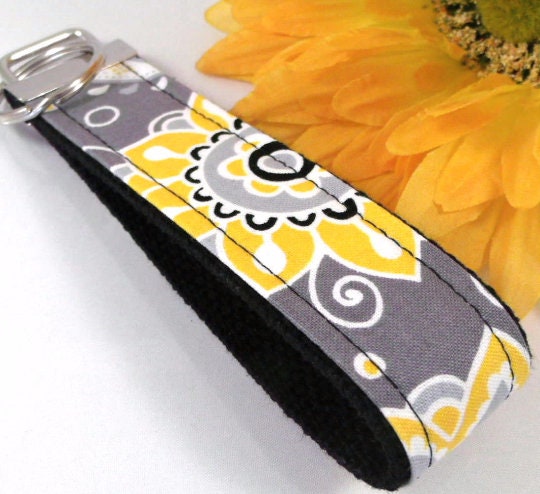 Handmade Boho Keychain, Grey Wristlet Key Fob Floral Fabric, College Graduation Gift for her, Expecting Mom Gift