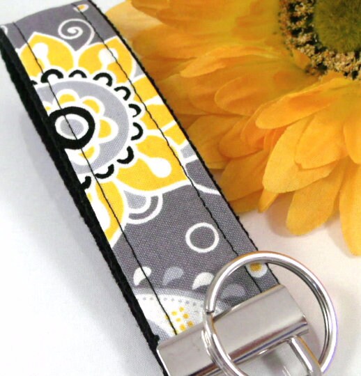 Handmade Boho Keychain, Grey Wristlet Key Fob Floral Fabric, College Graduation Gift for her, Expecting Mom Gift
