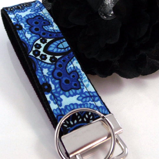Key Fob in Blue and Black Floral