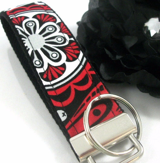 Wristlet Keychain Key Fob - Red Black Grey Floral