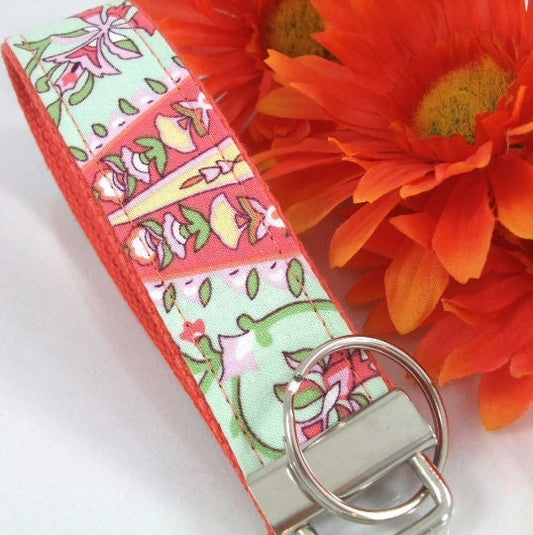 Amy Butler Key Fob LOVE Mint Coral Floral