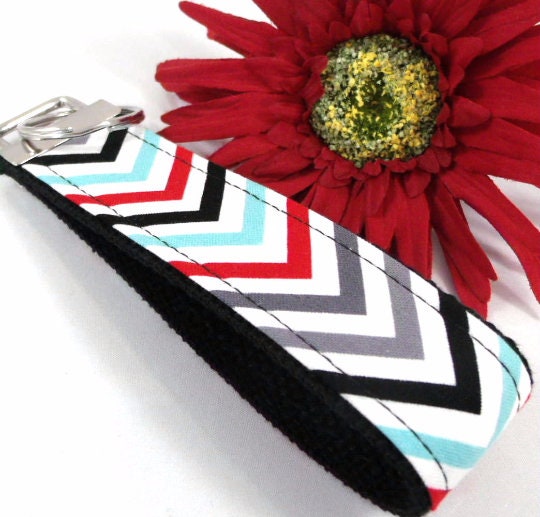 Red Gray Aqua Chevron Print Fabric Keychain, Teacher Gifts, New Mom Gift, Chevron Best Friend Gift, Sister Gift