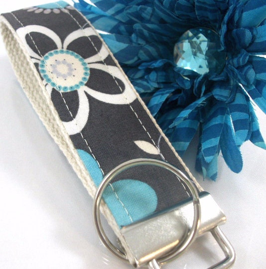 Funky Floral Keyfob in Grey and Turquoise