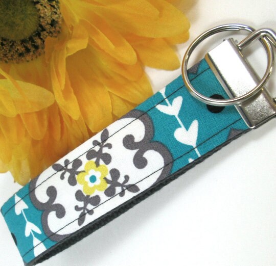 Teal and Grey Wristlet Key Fob Floral Fabric
