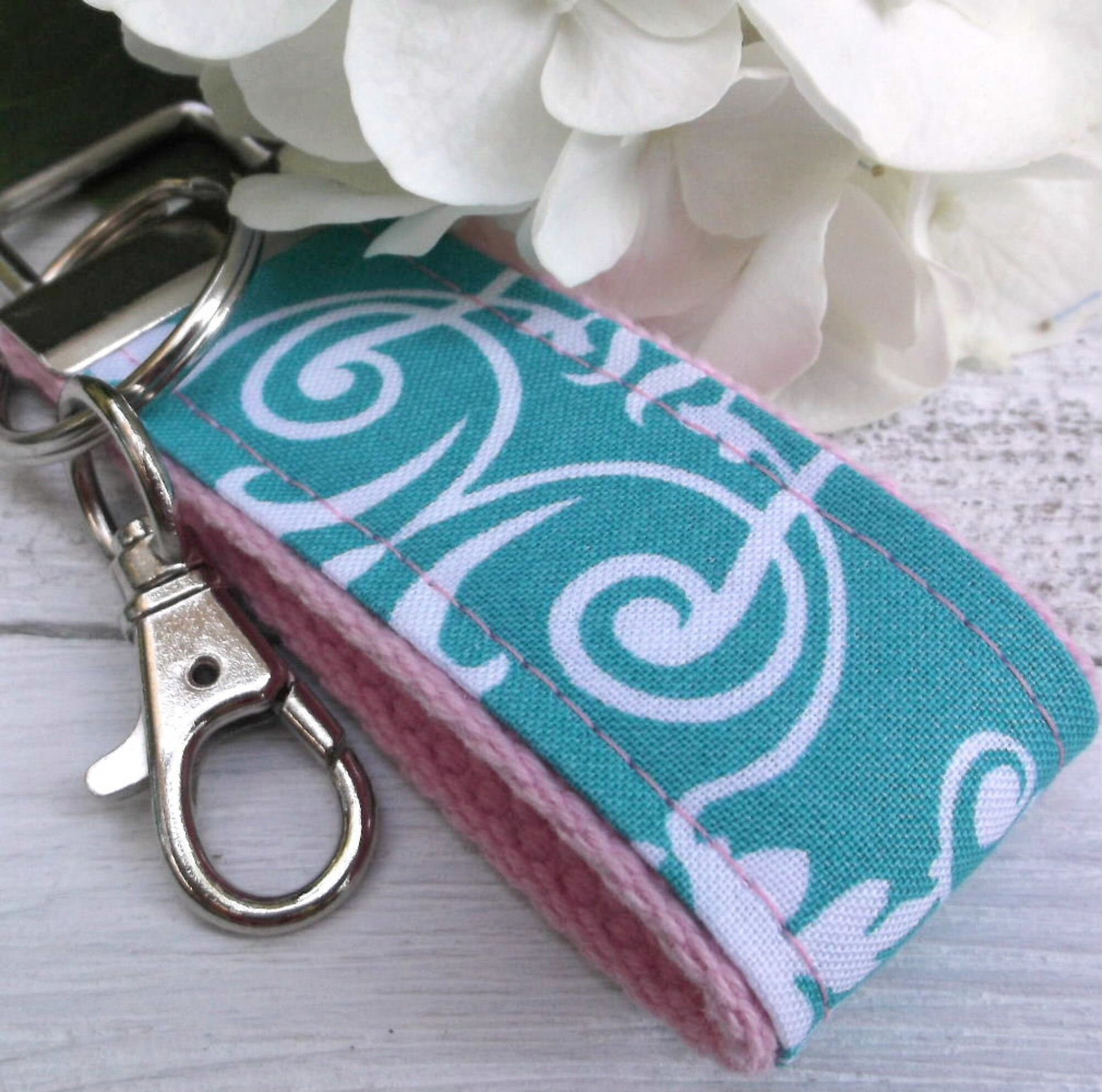 Mini Keyfob FOB Keychain for Women Ideal as a Purse Keychain or Backpack Keychain, Ideal Small Bridesmaid Gift, Teal floral