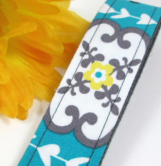 Teal and Grey Wristlet Key Fob Floral Fabric