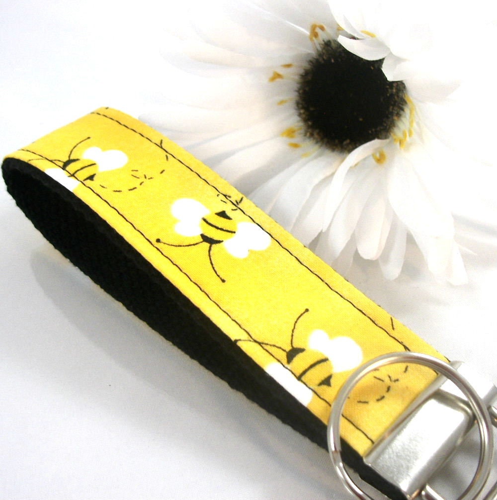Handmade Wristlet Keychain in Bumble Bee Fabric, College Graduation Gift for her, I Miss You Gift, Mom Gift from Son