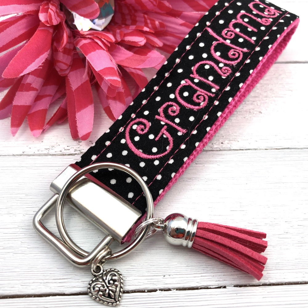 Grandma Embroidered Keychain Key Fob Tassel Charm