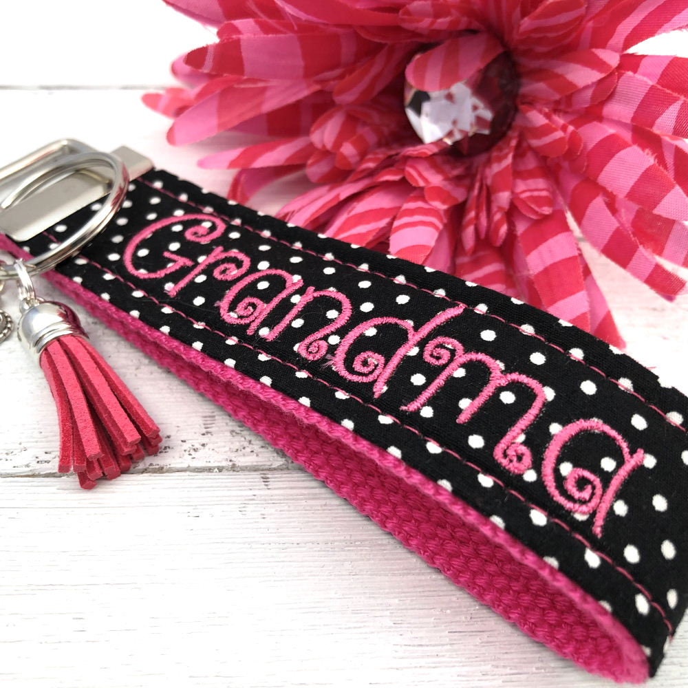 Grandma Embroidered Keychain Key Fob Tassel Charm
