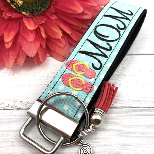Flip Flop MOM Embroidered Keychain Key Fob Tassel Charm