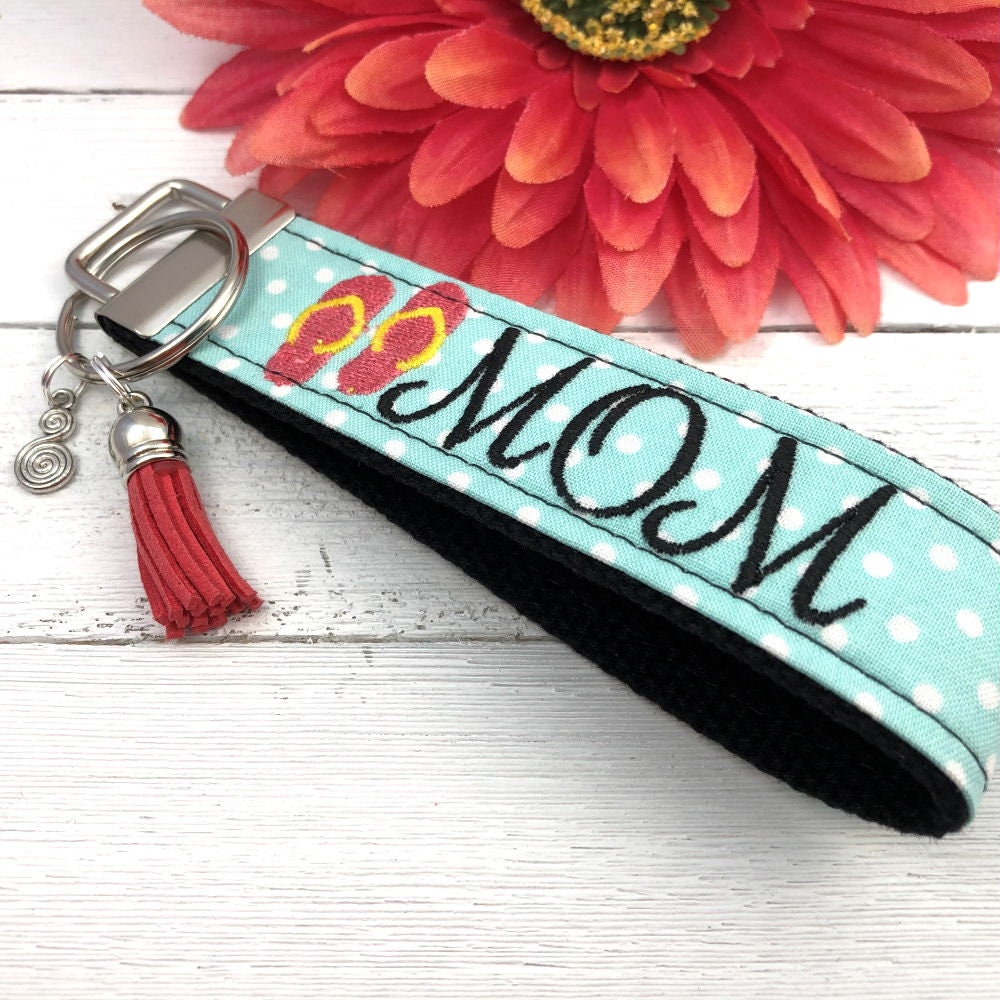 Flip Flop MOM Embroidered Keychain Key Fob Tassel Charm
