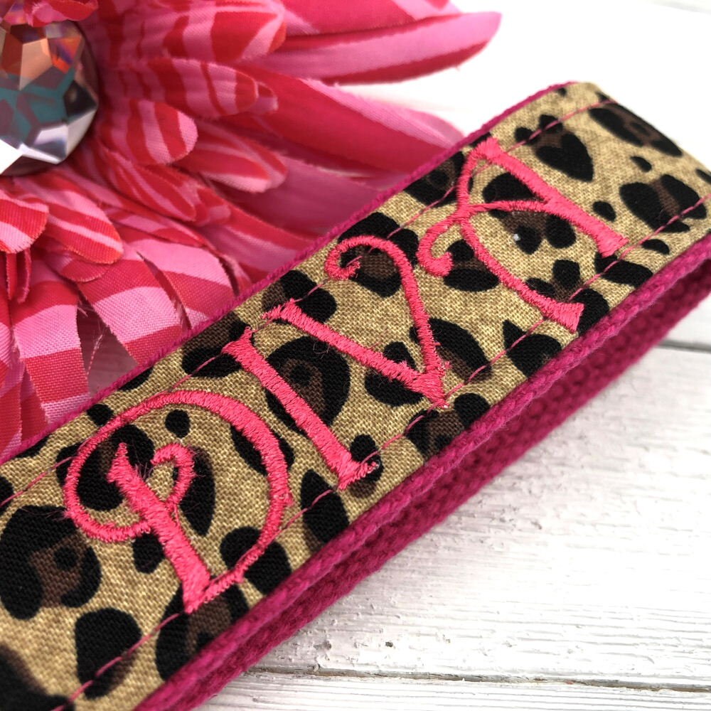 DIVA Embroidered Keychain Key Fob Tassel Charm Hot Pink Leopard