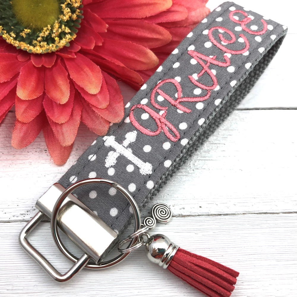 GRACE Embroidered Keychain Key Fob Tassel Charm Cross