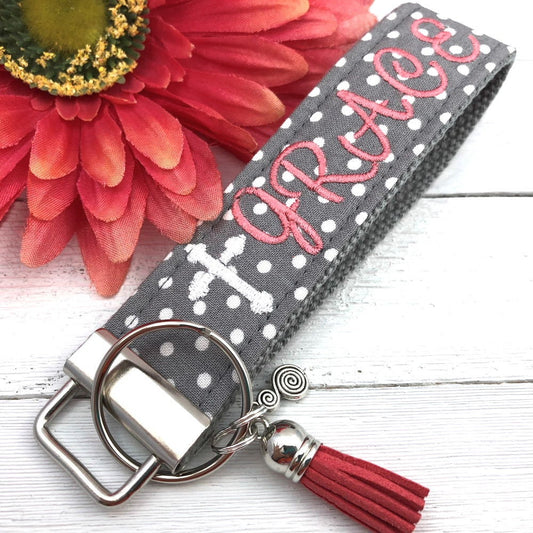 GRACE Embroidered Keychain Key Fob Tassel Charm Cross