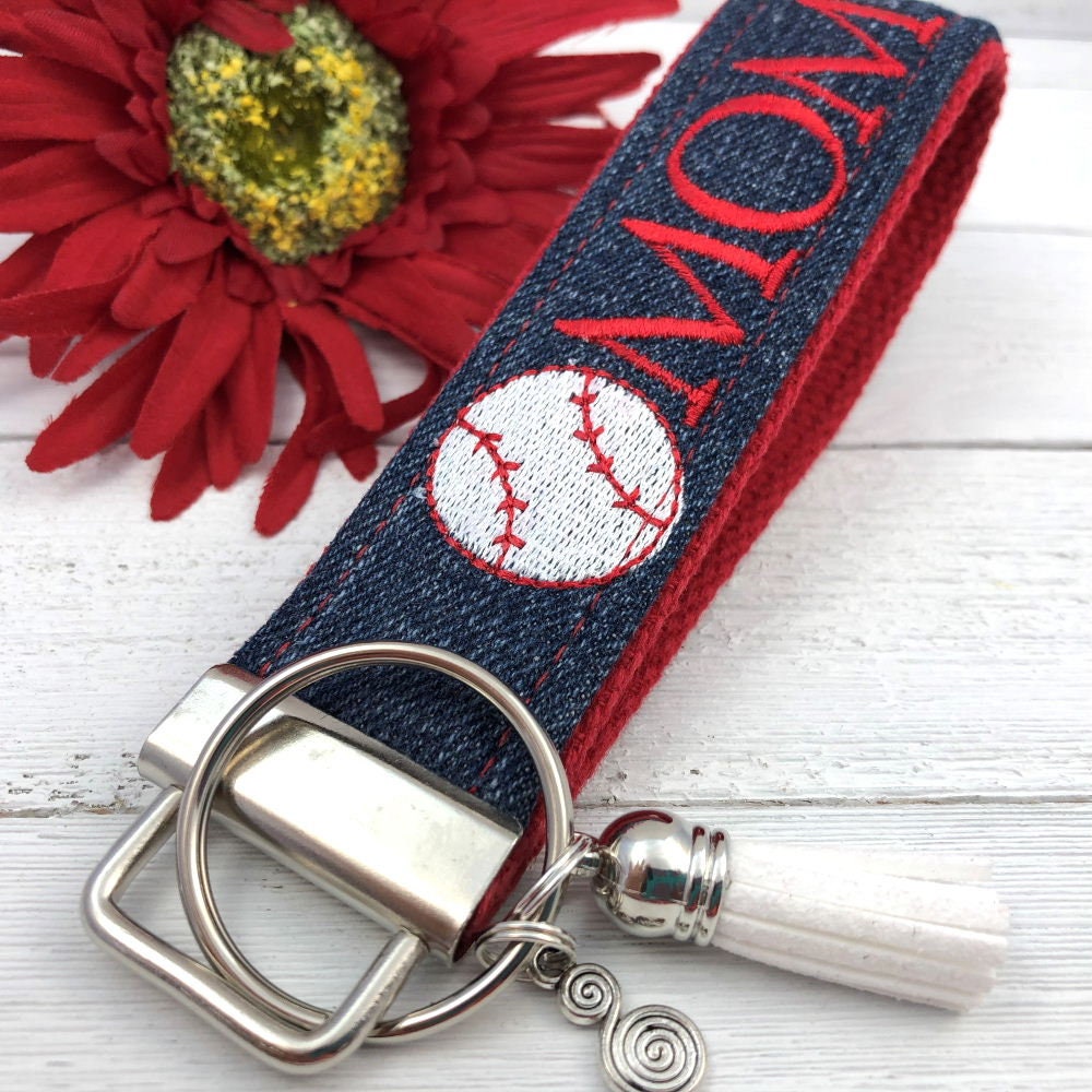 Baseball Mom Embroidered Keychain Key Fob Tassel and Charm too