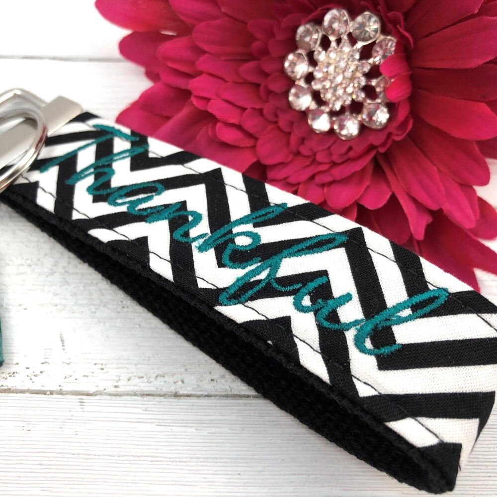 Thankful Embroidered Keychain Key Fob Tassel Charm