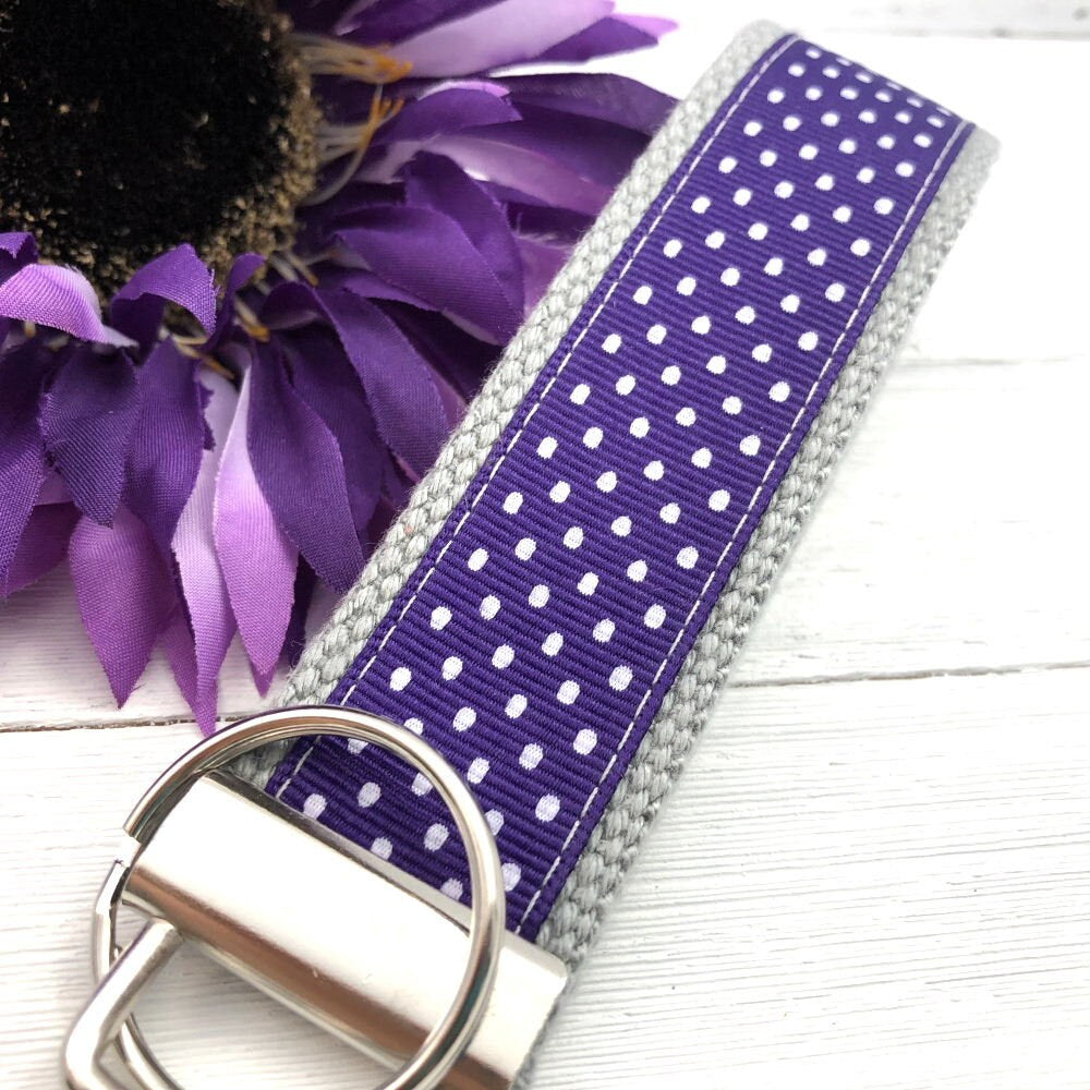 Sweet Purple Polka Dot Grosgrain Ribbon Keychain Wristlet, Teacher Appreciation Gift, Keychain for Women, Handmade Key Fob Wristlet