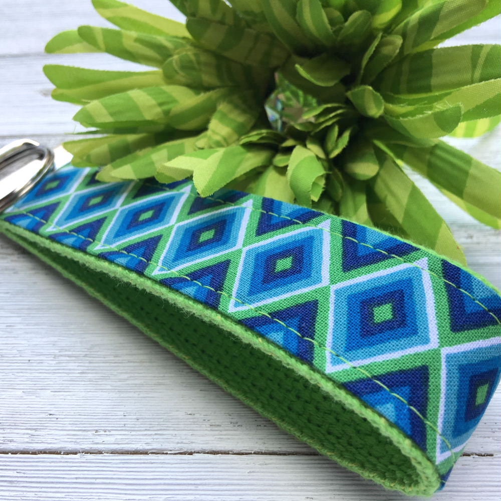 Blue and Lime Fabric Key Fob Wristlet