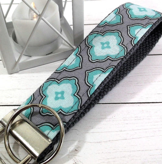 Raindrop Fabric Aqua Grey Key fob Gift For Women