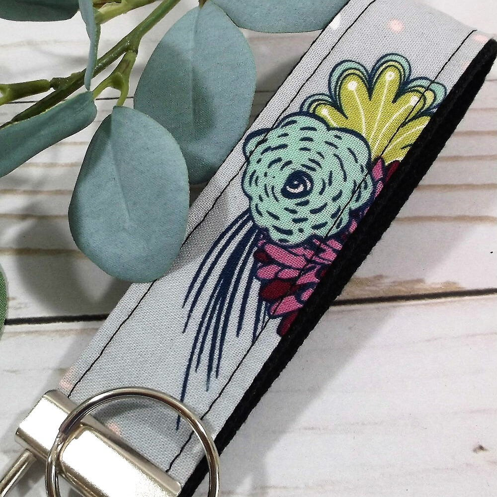 Boho Keychain Grey and Turquoise Gray Key Fob