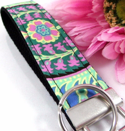 Wristlet Key Fob in Emerald Amy Butler Floral