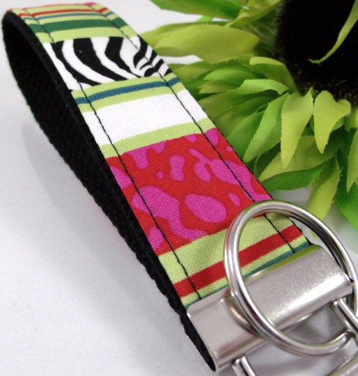 Cute Zebra and Leopard Print Wristlet Keychain, Pink and Lime Key Fob, Animal Print Keychain, Teacher Gift