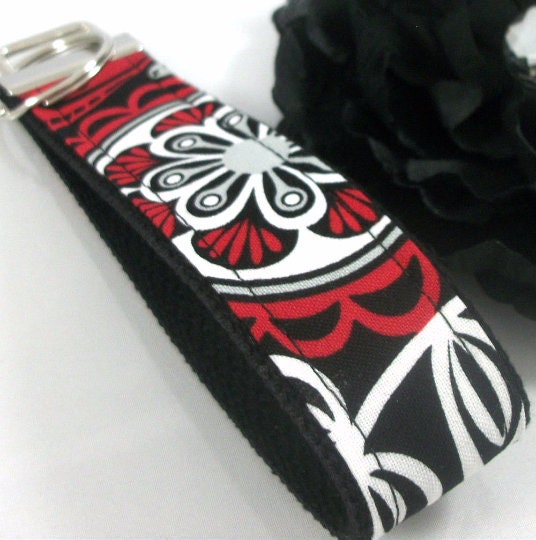 Wristlet Keychain Key Fob - Red Black Grey Floral