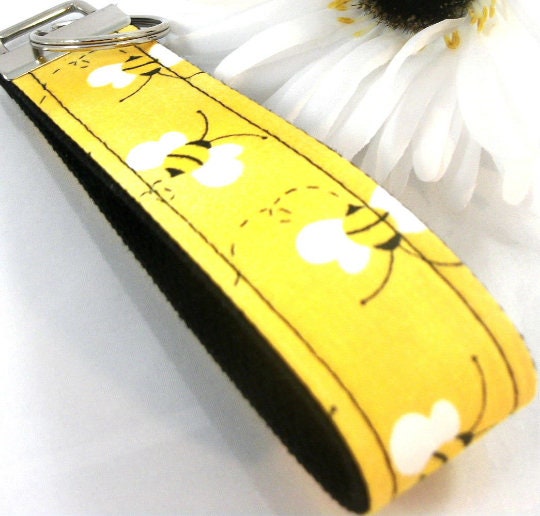 Handmade Wristlet Keychain in Bumble Bee Fabric, College Graduation Gift for her, I Miss You Gift, Mom Gift from Son