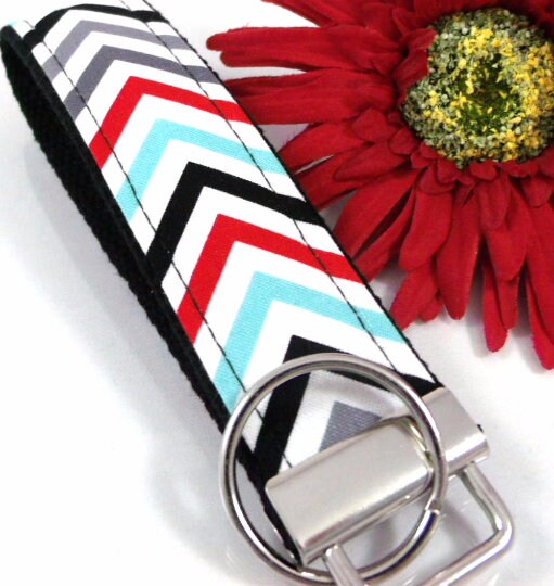 Red Gray Aqua Chevron Print Fabric Keychain, Teacher Gifts, New Mom Gift, Chevron Best Friend Gift, Sister Gift
