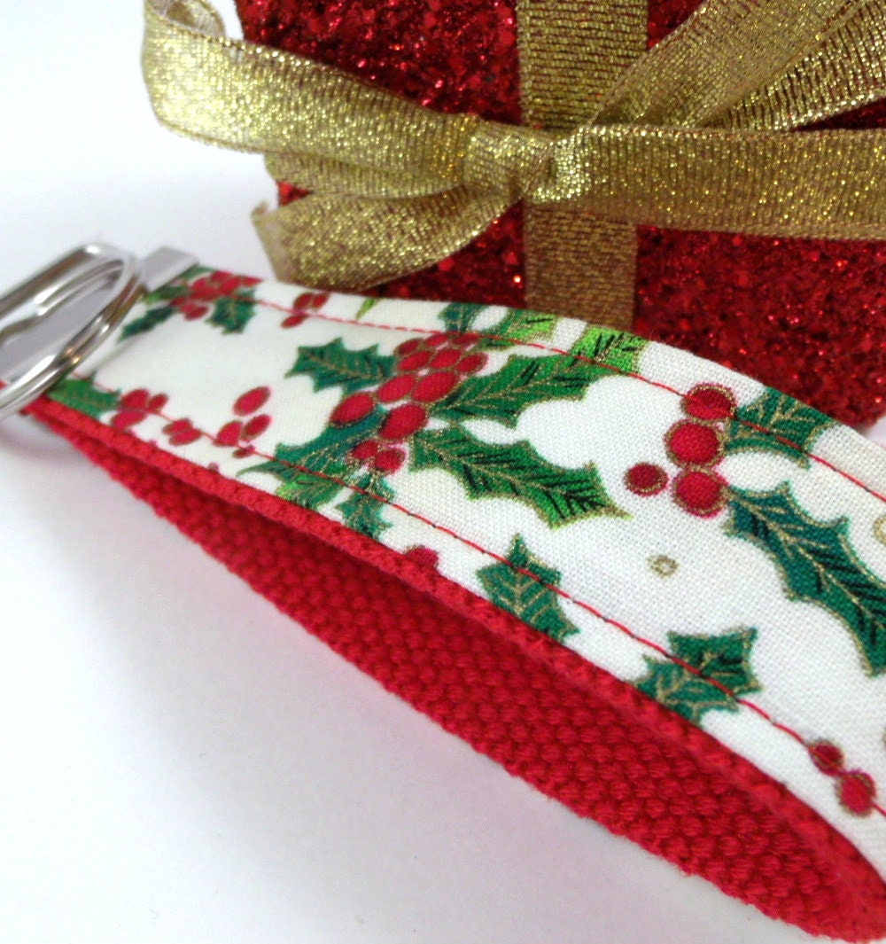 Handmade Christmas Keychain Wristlet, Holly, Christmas in July, Trending Now, Key Chains for Women, Teacher Gifts