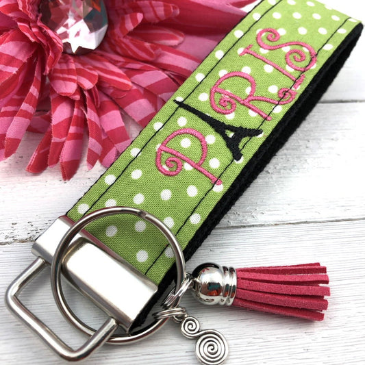PARIS French Embroidered Keychain Key Fob Tassel Charm