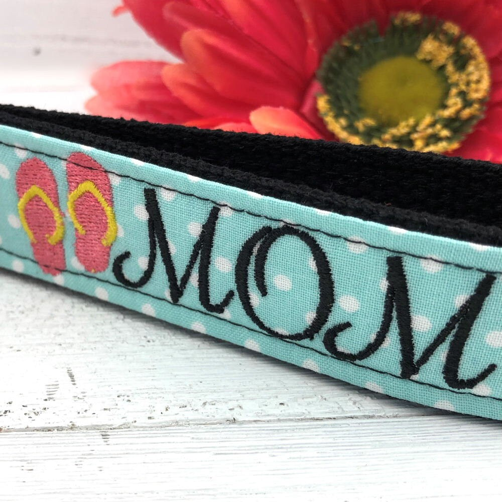 Flip Flop MOM Embroidered Keychain Key Fob Tassel Charm